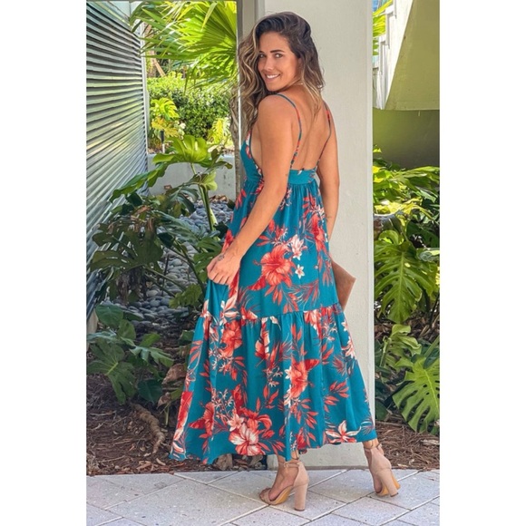 Floral Teal Maxi Dress - Picture 3 of 6